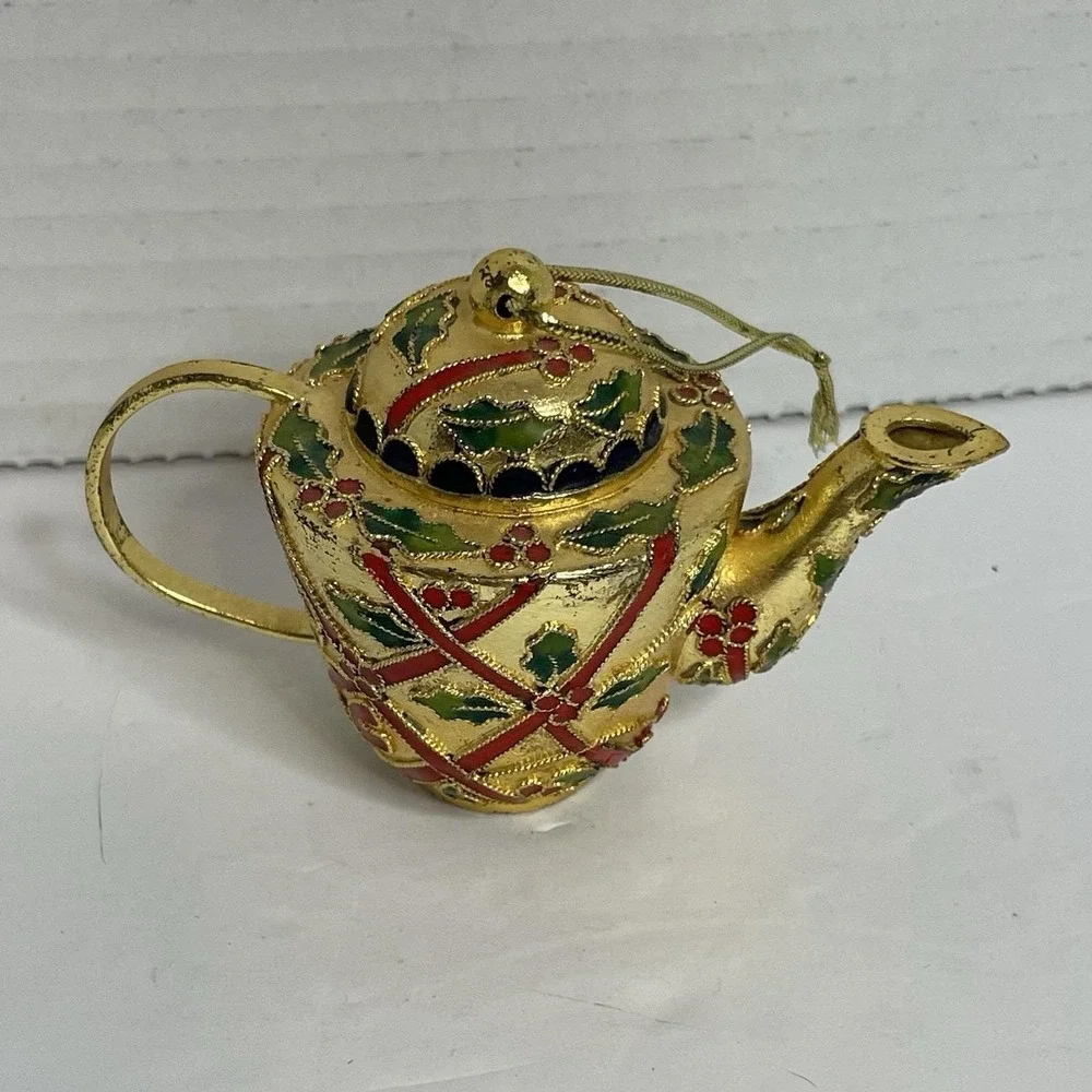 Floral Cloisonne Teapot Christmas Ornament Enamel Green Red Gold Vintage